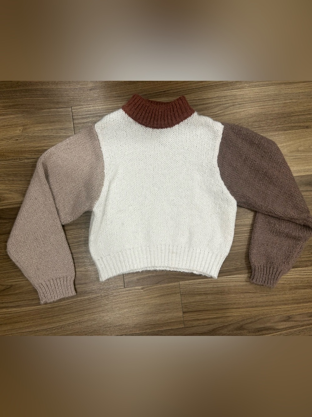 All:Row Colorblock Cropped Cowl Sweater - White, Taupe & Brown